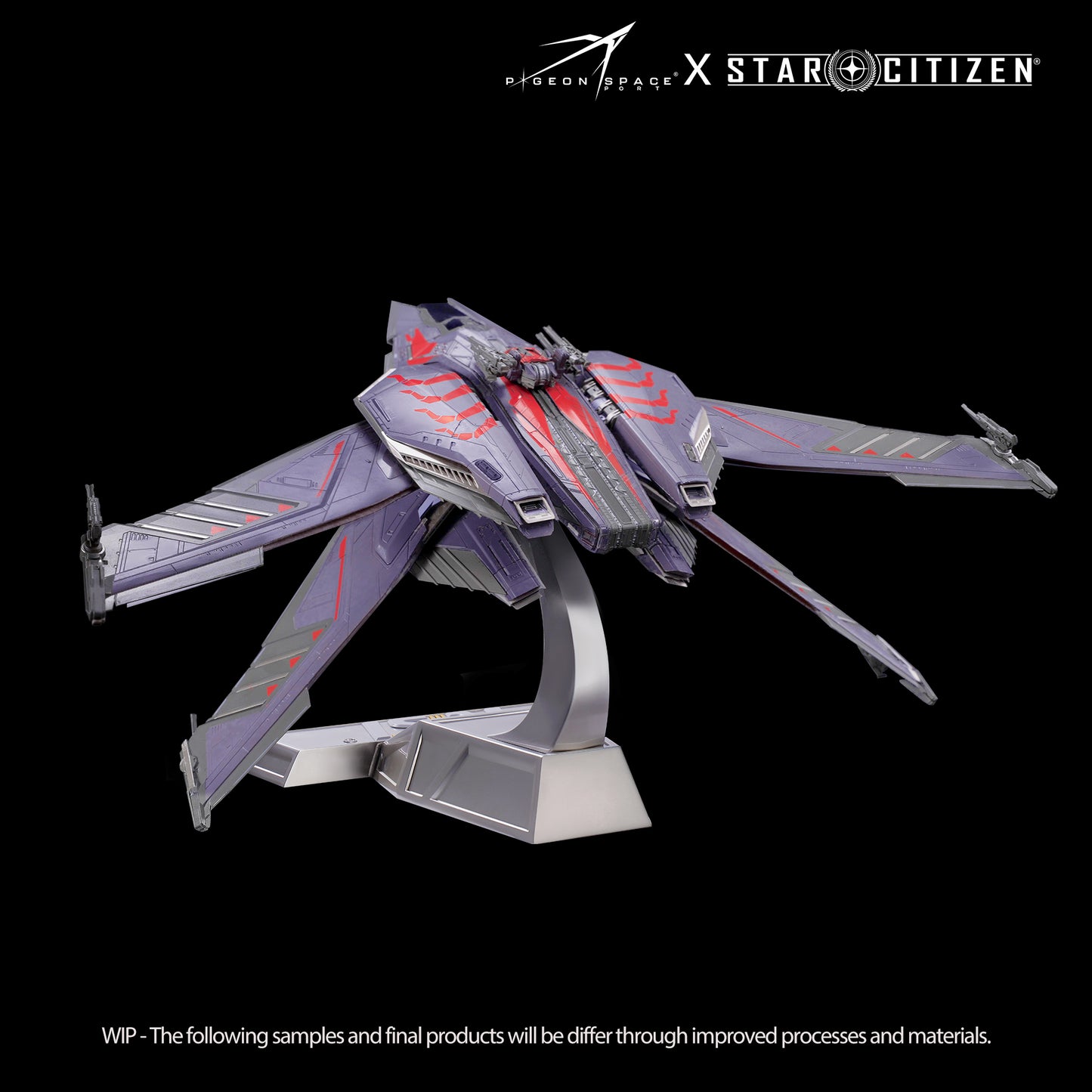 Back view of the Star Citizen RSI Scorpius ship model Stinger Paint in flying mold on the metal base