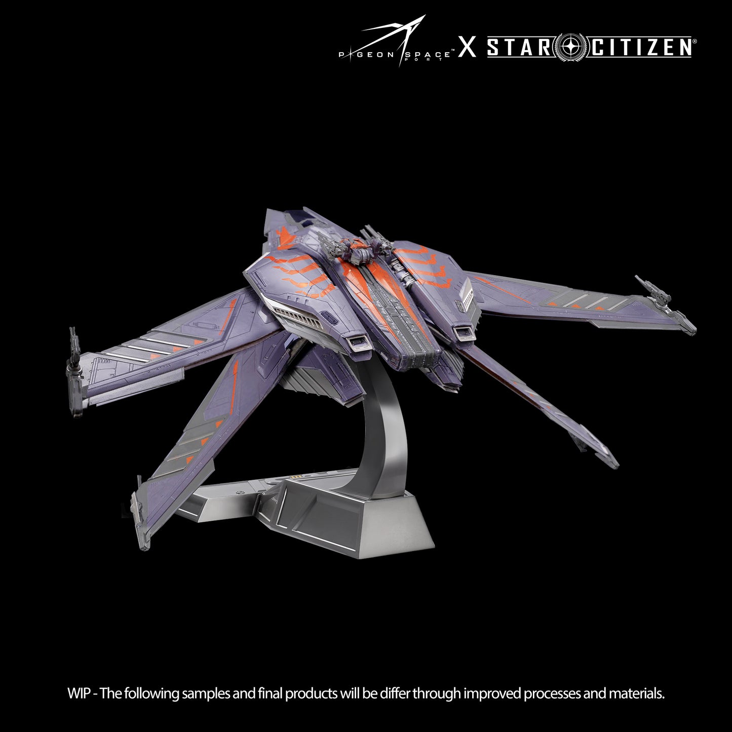 Back view of the Star Citizen RSI Scorpius ship model Stinger Paint in flying mold on the metal base