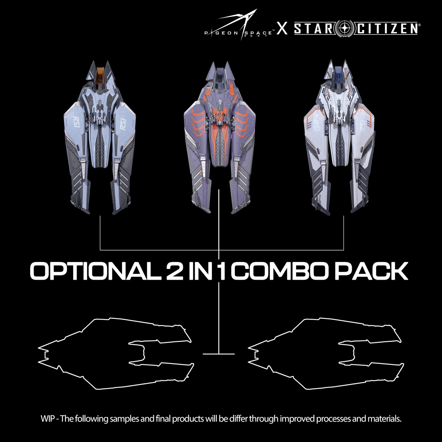 Three top-down views of the Star Citizen RSI Scorpius model in landing condition 2-pack bundle