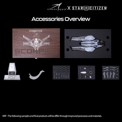 Accessories overview for Star Citizen Scorpius model, including weapons, landing gear,magnetic extractor and display base