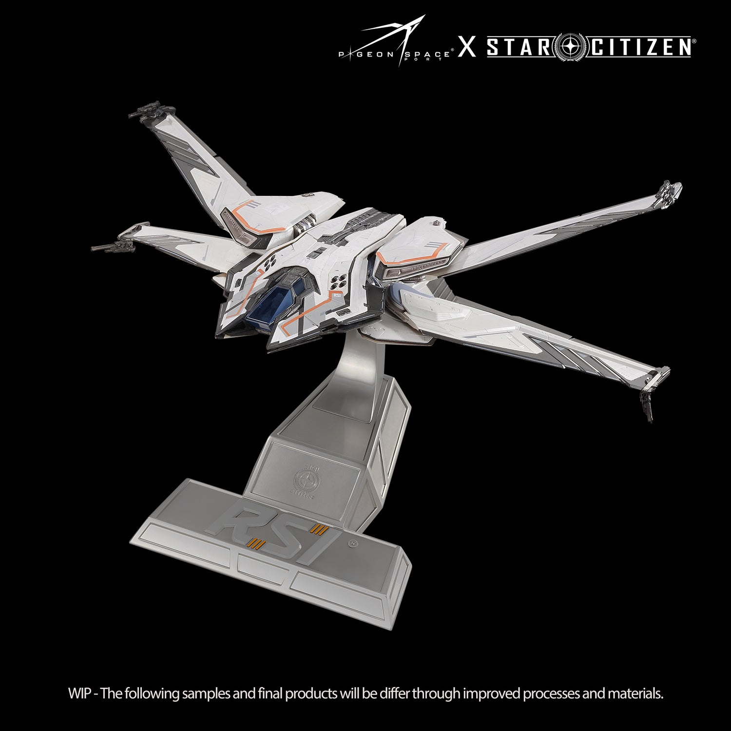 Front view of the Star Citizen RSI Scorpius ship model Avalanche Paint in flying mold on the metal base