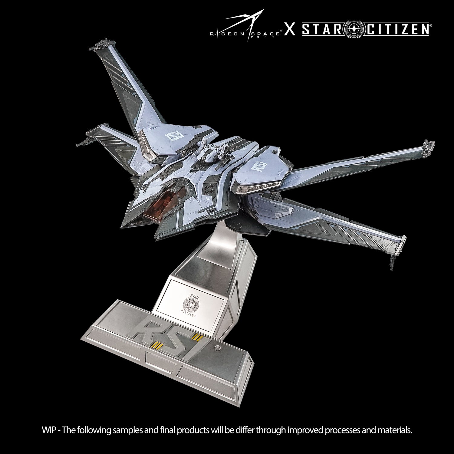 Front view of the Star Citizen RSI Scorpius ship model Standard Paint in flying mold on the metal base