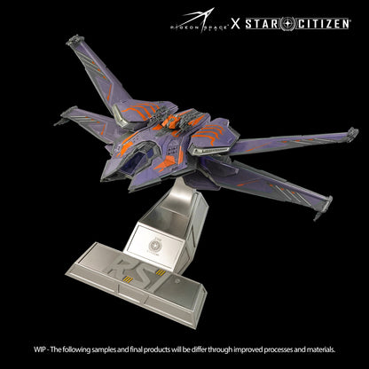 Front view of the Star Citizen RSI Scorpius ship model Stinger Paint in flying mold on the metal base