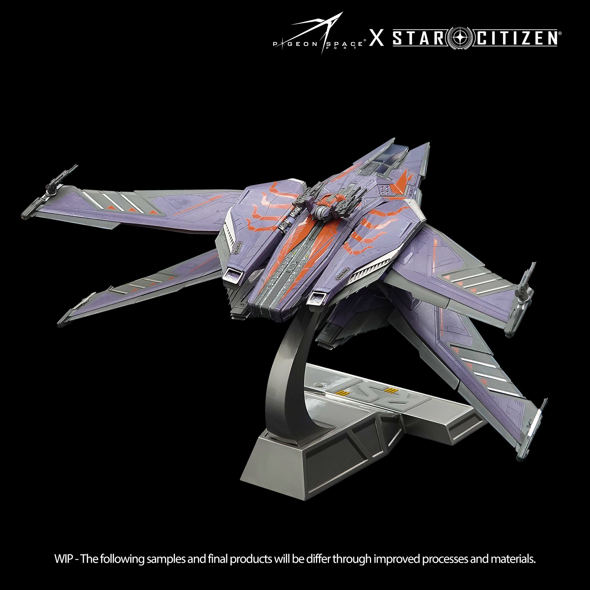 Back view of the Star Citizen RSI Scorpius ship model Standard Paint in flying mold on the metal base