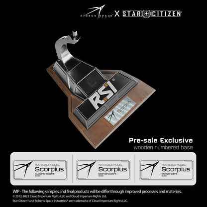 Limited edition wooden display base with metal numbered plaque for Star Citizen Scorpius model